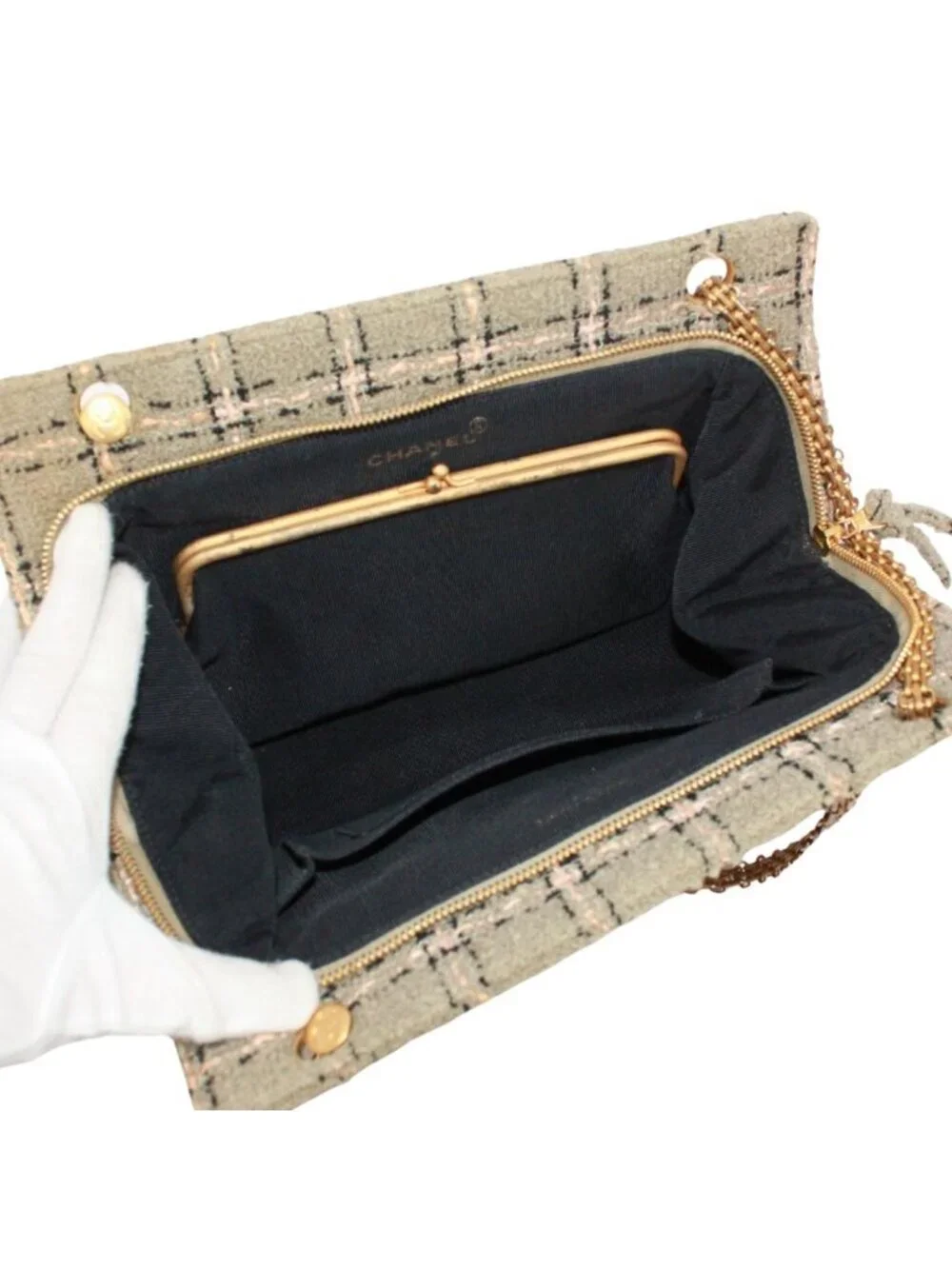 Chanel Tweed Pink Beige Shoulder Bag Gold